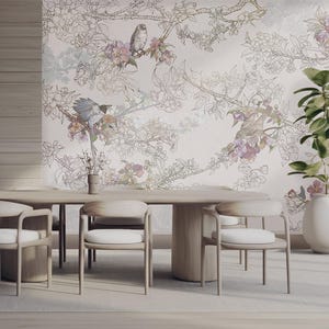 Peel and Stick Chinoiserie Wallpaper: Cherry Blossom Birds Mural
