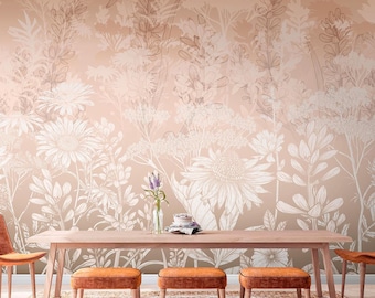 Pink Floral Wallpaper Peel and Stick: Girls Room Pink Flower Wall Mural, Nursery Wall Art Removable Mural