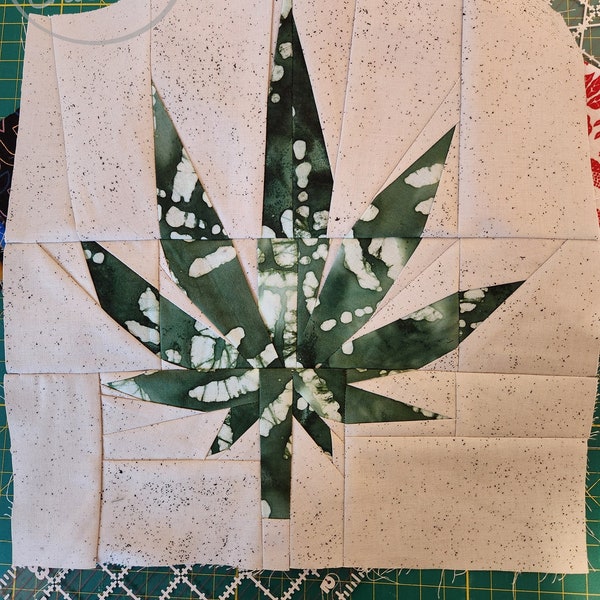 Pot Leaf Paper Piecing Quilting Pattern - 12x12in Block - Marijuana Leaf Sewing Pattern