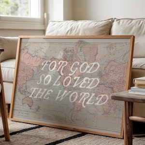 John 3:16 Print, Vintage Bible Verse Wall Art, World Map Artwork, Horizontal Homeschool Poster, Christian Classroom Printable