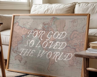 John 3:16 Print, Vintage Bible Verse Wall Art, World Map Artwork, Horizontal Homeschool Poster, Christian Classroom Printable
