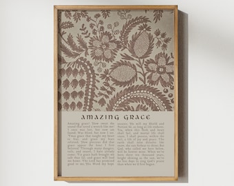 Amazing Grace Hymn Print, Vintage Textile Wall Art, Christian Home Decor, Coquette Wall Decor, Religious Bedroom Poster, Worship Song Lyrics