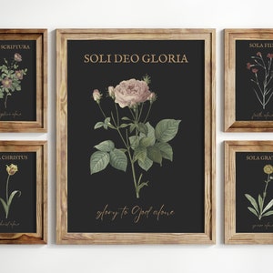 5 Solas Wall Art Set, Reformed Christian Wall Decor, Vintage Floral Scripture Print, Five Solas Calvinist Home Decor, Reformation Day Print