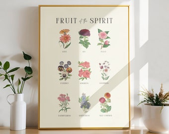 Vintage Fruit of the Spirit Wall Art, Christian Home Decor, Large Classroom Printable, Antique Floral Print, Botanical Flower Poster Print