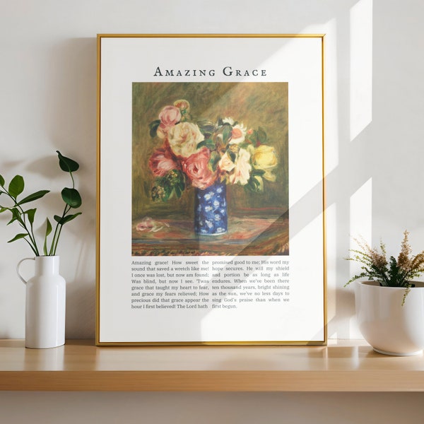 Amazing Grace Hymn Wall Art, Worship Song Lyrics Print, Vintage Floral Oil Painting Wall Decor, Digital Download Print, Christian Home Decor