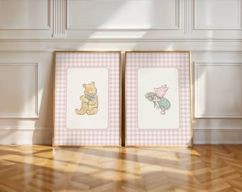 Vintage Winnie the Pooh Nursery Wall Art, Printable Playroom Decor, Pink Baby Girl Digital Nursery Decor, Vintage Playroom Wall Art