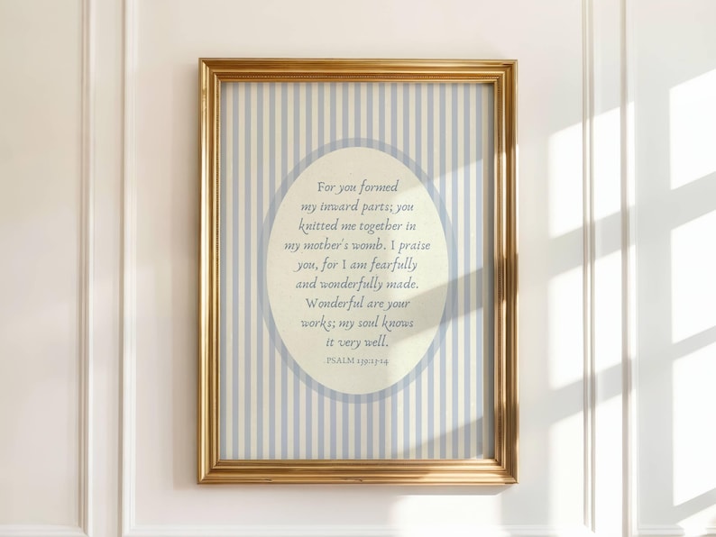 Blue boy nursery wall art with psalm 139 fearfully and wonderfully made, antique and vintage inspired with beige and blue stripes