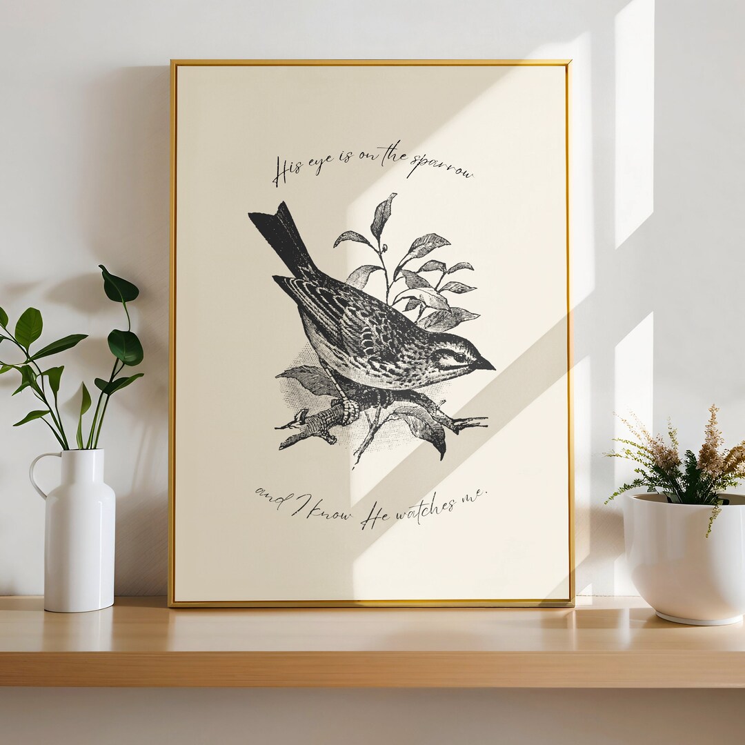 His Eye is on the Sparrow Wall Art, Christian Home Decor, Vintage Art ...