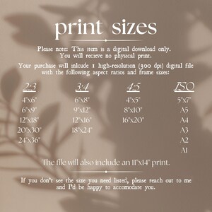 May include: A digital download information chart titled print sizes on a beige background with leaf shadows. It lists aspect ratios 2:3, 3:4, 4:5, and ISO with corresponding imperial dimensions in inches and standard paper sizes like A4 and A1.
