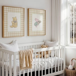 May include: A child's nursery with a white cot, teddy bear, and framed pictures of Winnie the Pooh characters. A woven basket with a toy rabbit is on the floor. The room has a window with curtains, creating a bright and airy atmosphere.
