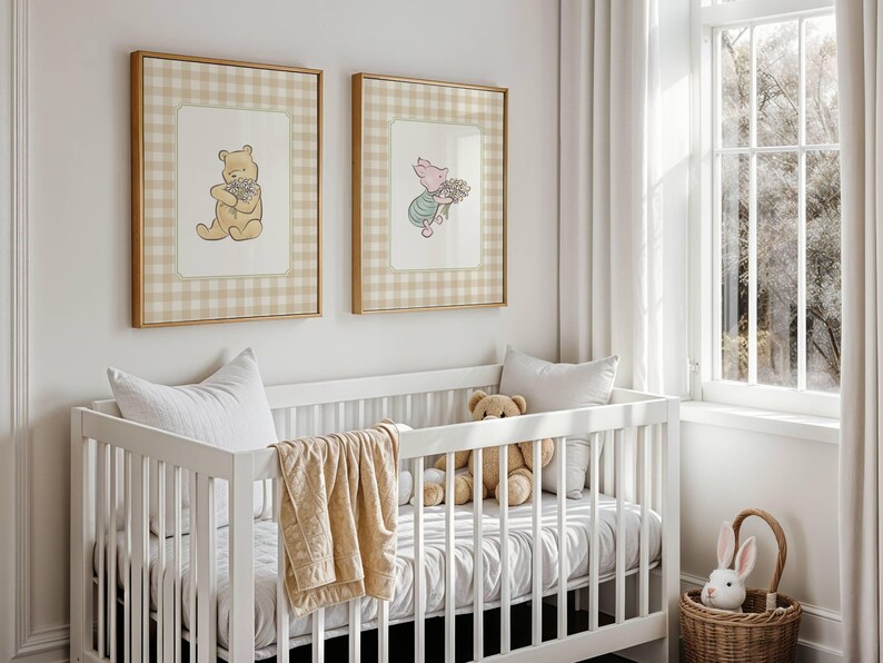 May include: A child's nursery with a white cot, teddy bear, and framed pictures of Winnie the Pooh characters. A woven basket with a toy rabbit is on the floor. The room has a window with curtains, creating a bright and airy atmosphere.