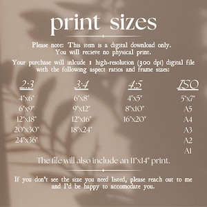 May include: A digital download product image with text listing print sizes and aspect ratios. Sizes include 10x15cm, 15x23cm, 30x46cm, 51x76cm, and 61x91cm for the 2:3 ratio. Other ratios and sizes are also listed.