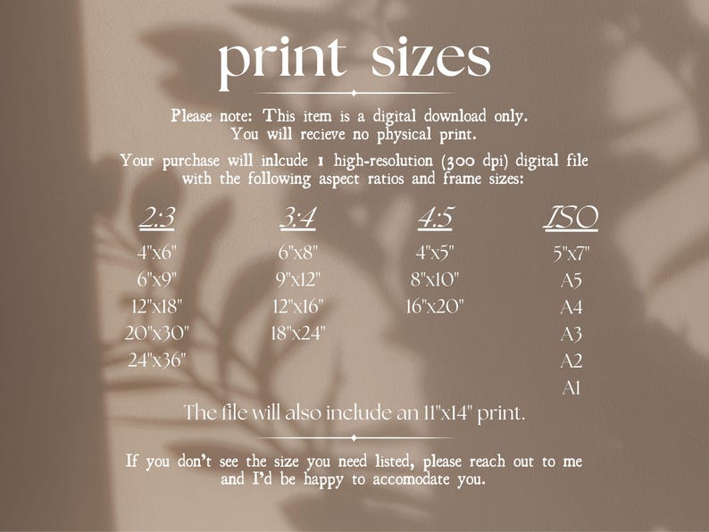 May include: A digital download product image with text listing print sizes and aspect ratios. Sizes include 10x15cm, 15x23cm, 30x46cm, 51x76cm, and 61x91cm for the 2:3 ratio. Other ratios and sizes are also listed.