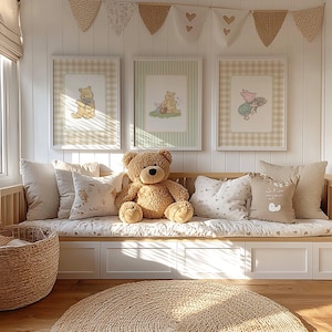 May include: A nursery interior with a wooden bench, cushions, and a teddy bear. Three framed Winnie the Pooh prints are displayed above. A woven basket and a circular rug contribute to the room's inviting feel. The colour scheme is soft and neutral.