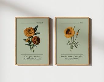 Juego de 2 impresiones cristianas de pared con versículos bíblicos antiguos de Isaías 40:8. Impresión botánica vintage imprimible. Impresión digital cristiana de dos piezas.