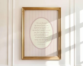 Psalm 139 Vintage Nursery Print Pink, Christian Wall Art, Antique Style Bible Verse Poster, Baby Girl Pink Bedroom Decor, Digital Download