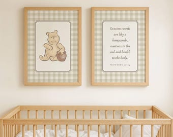Vintage Winnie the Pooh Nursery, Set of 2 Vintage Nursery Wall Art, Neutral Playroom Decor, Baby Boy Nursery Art, Baby Girl Nursery Decor