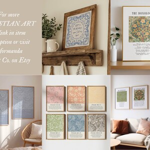 May include: Collection of framed Christian art prints in various styles. Includes botanical and floral designs, along with framed text art. The prints are displayed on walls and shelves, showcasing a variety of colors and patterns.