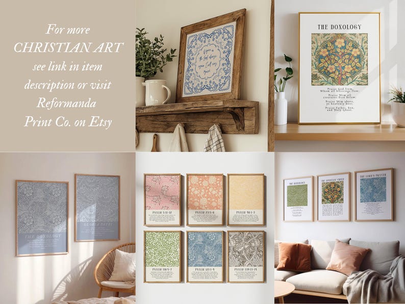 May include: Collection of framed Christian art prints in various styles. Includes botanical and floral designs, along with framed text art. The prints are displayed on walls and shelves, showcasing a variety of colors and patterns.