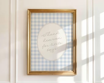 Gracias al cielo por los niños pequeños, decoración de habitación infantil azul para bebé niño, arte imprimible para pared de habitación infantil, impresiones de guardería de cuadros vichy para niño, arte digital para pared de habitación infantil