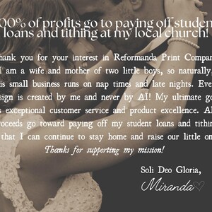 May include: Sepia-toned image with text. The text reads: "100% of profits go to paying off student loans and tithing at my local church!" and "Thank you for your interest in Reformanda Print Company!" and more.