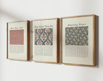 Christian Wall Art Bundle, Set of 3 Prints, Christian Gallery Wall Set, Vintage Botanical Prints, Textile Wall Art, Grandmillennial Decor