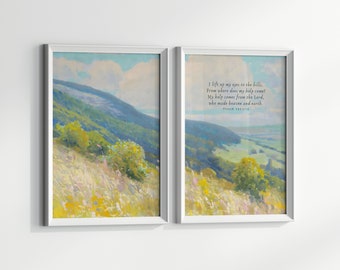 Psalms Wall Art, Christian Wall Art Set of 2, Scripture Art Bundle, Vintage Bible Art, Mountain Landscape Wall Decor Color