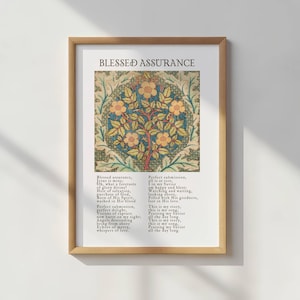 May include: A framed print with the text "BLESSED ASSURANCE" at the top. The print features a floral design with a tree and flowers in shades of yellow, orange, and green. The print also includes text below the floral design.