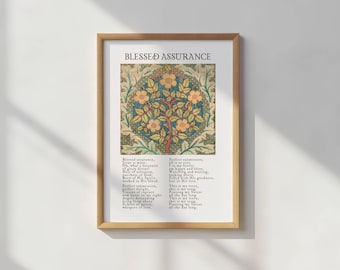 Arte mural del himno Blessed Assurance, impresiones de William Morris para regalo cristiano, arte mural para inauguración de la casa, impresiones digitales cristianas, letras de canciones