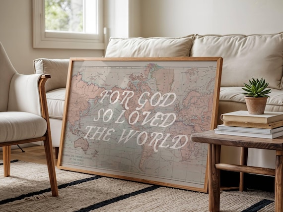 John 3:16 Print, Vintage Bible Verse Wall Art, World Map Artwork, Horizontal Homeschool Poster, Christian Classroom Printable