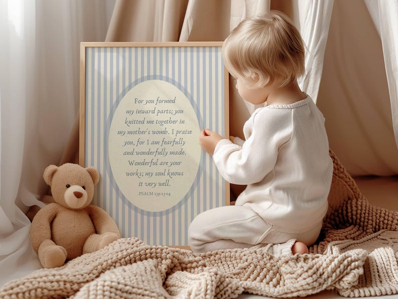 Psalm 139 Vintage Nursery Print Blue, Baby Boy Scripture Wall Art, Antique Bible Verse Poster, Children's Bedroom Decor, Digital Download image 4