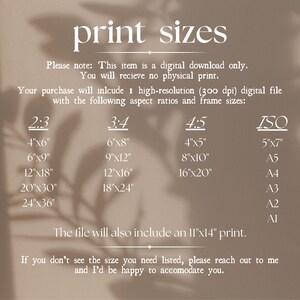 May include: A digital download product image with text listing print sizes and aspect ratios. Sizes include 4x6, 6x9, 12x18, 20x30, and 24x36 inches for the 2:3 ratio. Other ratios and sizes are also listed.