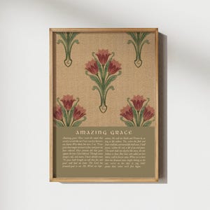 Christian digital wall art with Amazing Grace lyrics paired with vintage textile print pattern of tulip flower bouquet. Colors of pink, green, beige.