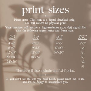 May include: A digital download product image with text listing print sizes and aspect ratios. Sizes include 4x6, 6x9, 12x18, 20x30, and 24x36 inches for the 2:3 ratio. Other ratios and sizes are also listed.