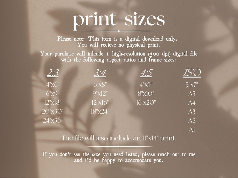 May include: A digital download product image with text listing print sizes and aspect ratios. Sizes include 4x6, 6x9, 12x18, 20x30, and 24x36 inches for the 2:3 ratio. Other ratios and sizes are also listed.