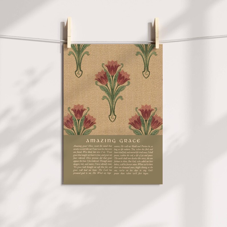 May include: A rectangular wall art print featuring a repeating pattern of red tulips with green stems on a textured tan background. Below the floral design, the text "AMAZING GRACE" is printed in a bold font, followed by the full lyrics of the hymn.