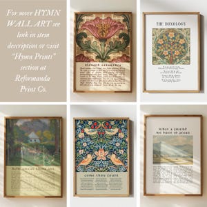 May include: A collection of five framed wall art prints featuring hymn lyrics and botanical or landscape illustrations. The prints include Blessed Assurance, The Doxology, How Great Thou Art, Come Thou Fount, and What a Friend We Have in Jesus.
