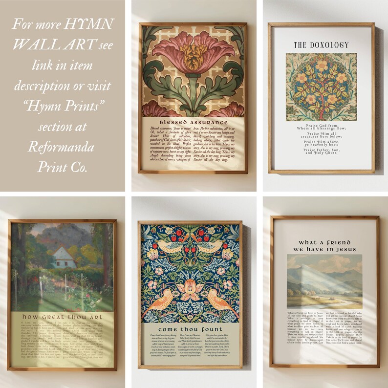 May include: A collection of five framed wall art prints featuring hymn lyrics and botanical or landscape illustrations. The prints include Blessed Assurance, The Doxology, How Great Thou Art, Come Thou Fount, and What a Friend We Have in Jesus.
