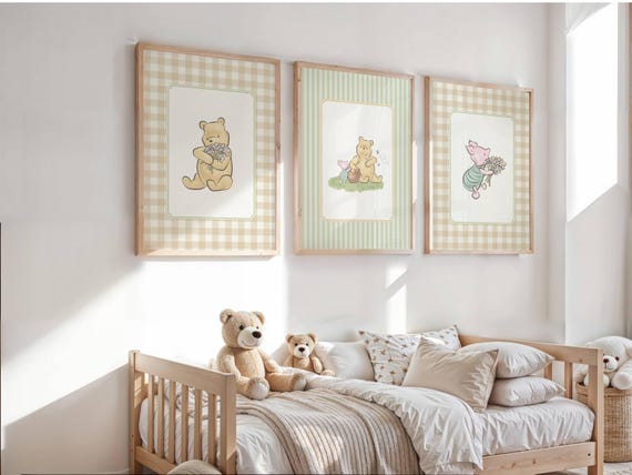 Vintage Winnie the Pooh Wall Art, Printable Playroom Decor, Baby Girl Nursery Decor, Baby Boy Nursery Wall Art, Colorful Playroom Wall Art