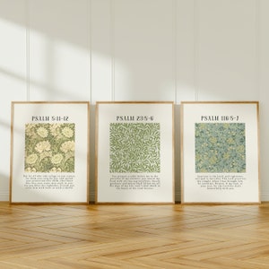 May include: Three printable wall art prints with a green and white floral pattern. The prints feature verses from Psalms 5:11-12, 23:5-6, and 116:5-7.