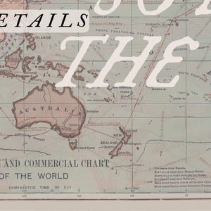 May include: Vintage world map with a detailed physical and commercial chart. The map features continents in muted colors, with text overlays including "DETAILS" and "THE WORLD". A classic piece for travel enthusiasts.