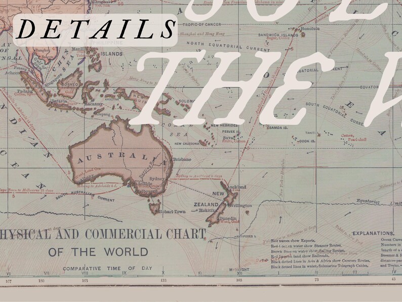 May include: Vintage world map with a detailed physical and commercial chart. The map features continents in muted colors, with text overlays including "DETAILS" and "THE WORLD". A classic piece for travel enthusiasts.