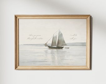 Isaiah 43 Bible Verse Wall Art, Digital Download Art, Vintage Watercolor Painting, Christian Wall Art, Fisherman Aesthetic Wall Art
