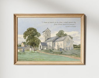 Arte mural con cita de Martín Lutero, decoración cristiana reformada para el hogar, impresión vintage de dibujo de iglesia, póster con cita espiritual alentadora, decoración antigua