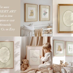 May include: A selection of framed nursery art prints in a neutral colour scheme. The prints feature illustrations of Winnie the Pooh and Piglet, inspirational quotes, and personalized name art. The text "For more NURSERY ART see link in item description or visit Reformanda Print Co. on Etsy" is visible.