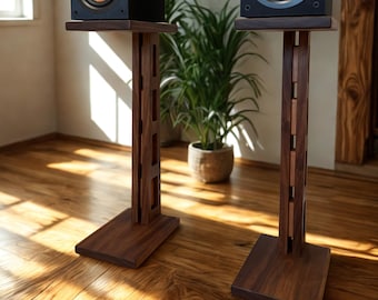 Mid Century Modern Speaker Stands (Set of 2): Custom Walnut with Geometric Cherry Inlays