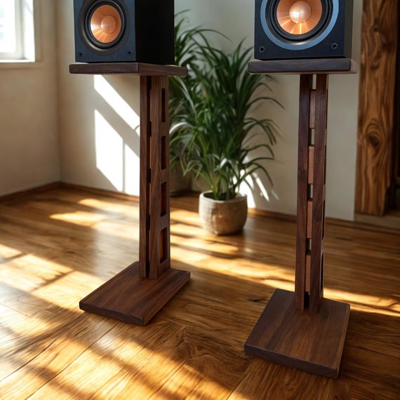 Custom Mid Century Modern Speaker Stands (Set of 2): Walnut with Geometric Cherry Inlays