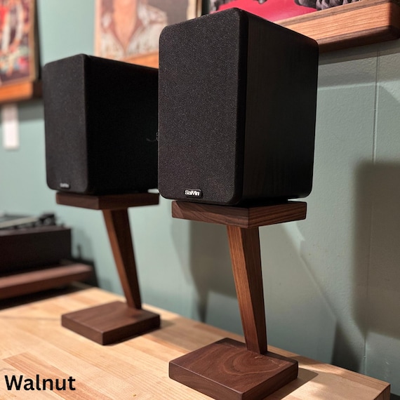 Wood Desktop Speaker Stands: Arched Angle Design, Walnut or Cherry, Set of 2 stands