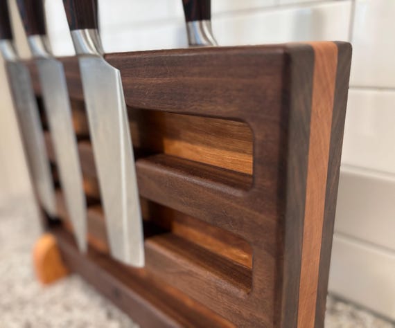 Large Magnetic Walnut & Cherry Knife Block. 10+ Knife holding capacity. Housewarming, Anniversary, Wedding, Gift for Chef