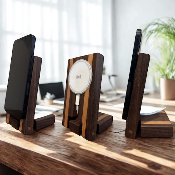 Wood Phone Charger with MagSafe Charger: Handcrafted Desk Charging Station,  iPhone stand.